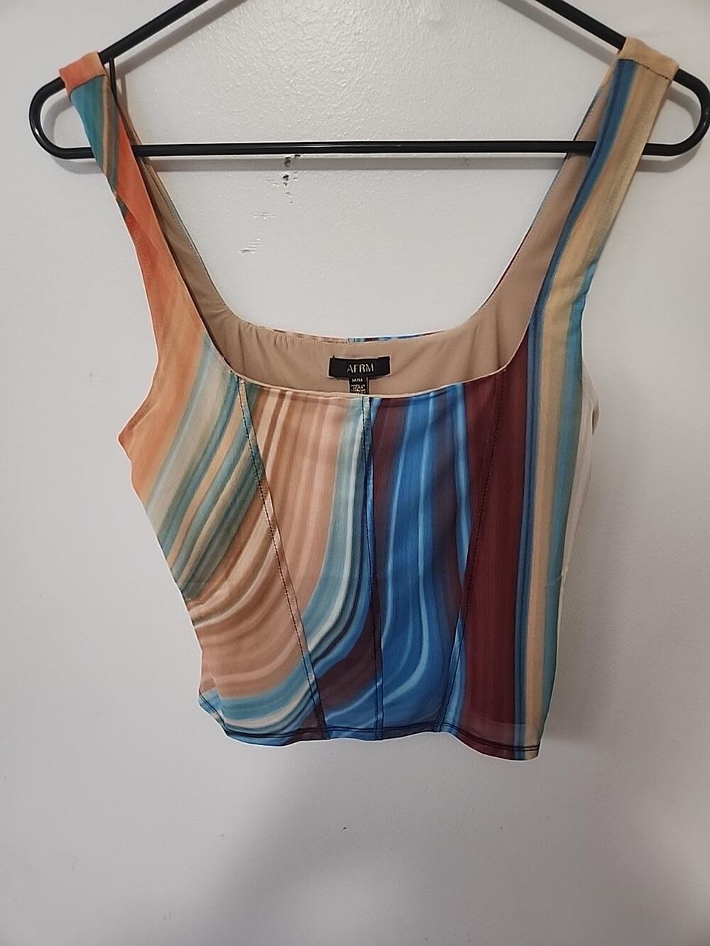 AFRM Cort Doubled Mesh Crop Top Blue Abstract Wave Medium NWT